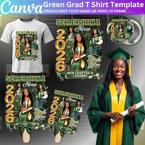May include: A white t-shirt, graduation fan, button, and a graduate in a green gown. The shirt and fan feature a photo of a graduate with the text "SEREPHINA Adrian 2026" and "The Future is Mine". The button has the same design.