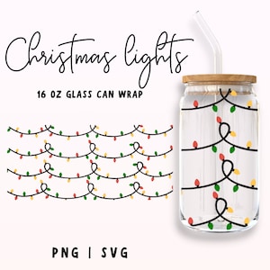 Świąteczne światła Libbey Glass Wrap svg, 16 oz Świąteczne światła mogą owinąć, Sznur świateł Szklanka do piwa Szablon, Świąteczne światła, Boże Narodzenie Svg