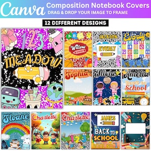 12 Composition Notebook Cover Template Bundle, Editable Canva Composition Notebook Cover, Back to School Digital, Printable Notebook Covers