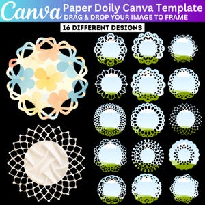 Puede incluir: Una plantilla de Canva para blondas de papel con 16 diseños diferentes. Los diseños incluyen patrones florales y intrincados recortes tipo encaje. La blonda superior izquierda tiene un diseño floral con colores azul, amarillo y melocotón. El texto dice "Paper Doily Canva Template" y "Drag & Drop Your Image to Frame".