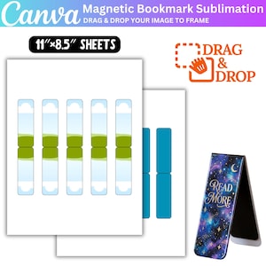 May include: Sheets of magnetic bookmark sublimation designs. The sheets are 11" x 8.5" and include designs with blue, green, and white elements. A finished bookmark with a galaxy design and the text "READ MORE" is also shown.