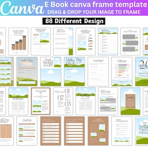 Könnte beinhalten: Eine Collage aus 88 verschiedenen Canva-Ebook-Rahmenvorlagen. Die Vorlagen bieten verschiedene Designs, darunter Diagramme, Grafiken, Checklisten und inspirierende Zitate. Die Vorlagen sind für die Verwendung mit Canva, einer beliebten Online-Designplattform, konzipiert.