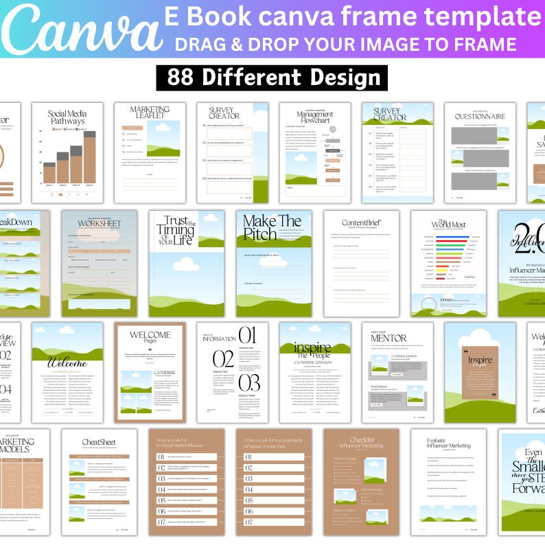 May include: A collage of 88 different Canva ebook frame templates. The templates feature various designs, including charts, graphs, checklists, and inspirational quotes. The templates are designed to be used with Canva, a popular online design platform.