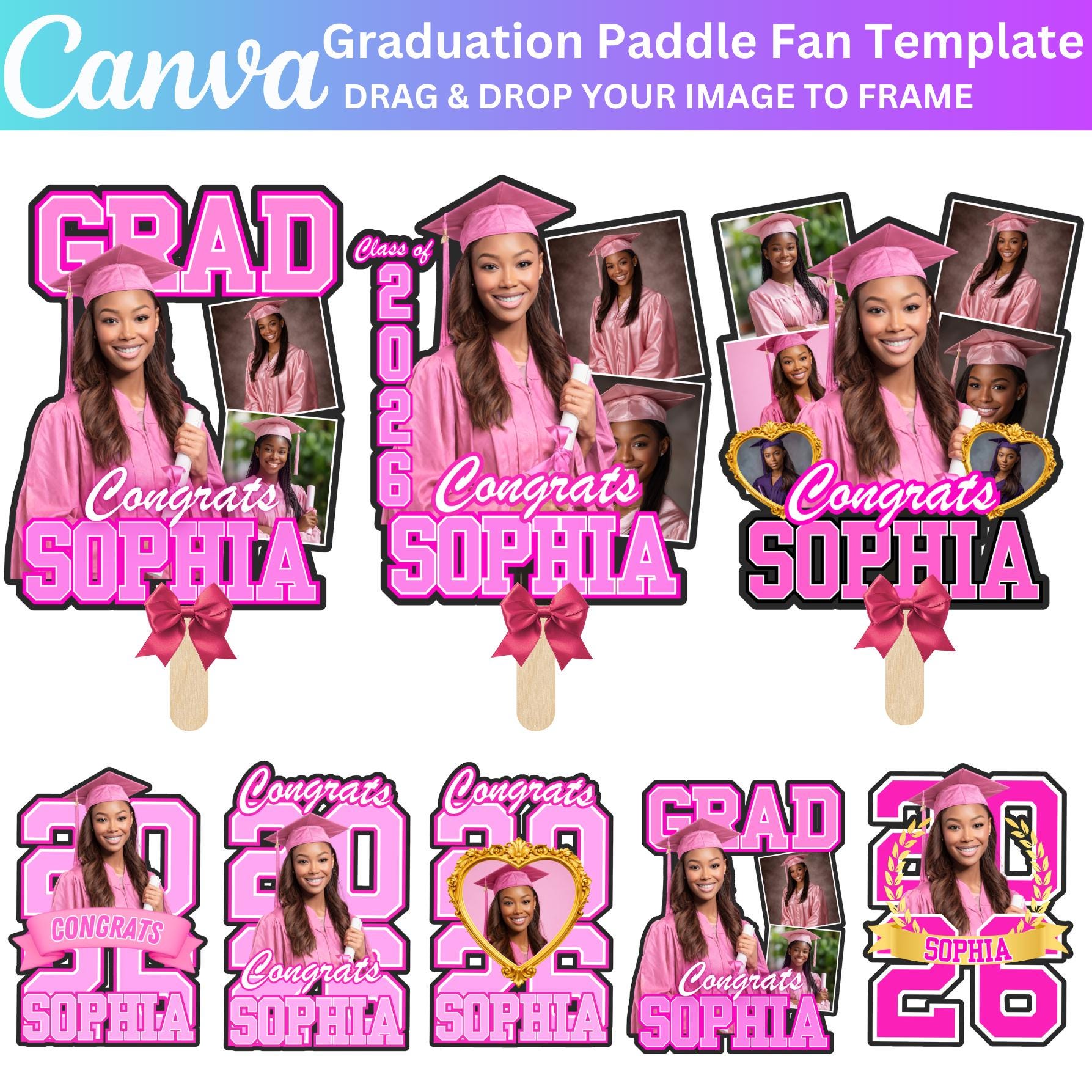 10 Pink Grad Fan Canva Editable Template, Custom Graduation Paddle Fan ...
