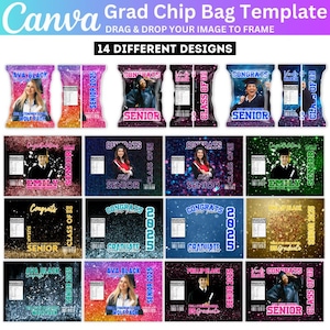 Puede incluir: Un conjunto de 14 plantillas de bolsas de patatas fritas imprimibles para la graduación. Las plantillas presentan una variedad de diseños con fondos de purpurina, texto que dice "Felicidades" y "Clase de", y espacio para una foto. Las plantillas son perfectas para crear favores personalizados para la fiesta de graduación.
