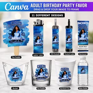 May include: A collection of custom party favors featuring a blue theme with a person's photo, balloons, and the text 'CANCER SIGN AMELIA'S BIRTHDAY'. Items include a fan paddle, lighter, hookah accessories, backwood wrap, bucket, glass, cup, and water bottle.