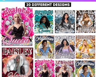 May include: A Canva birthday party template with 20 different designs. Each design features a woman's image, the word "Birthday", and a name like "Amelia" or "Addison". The designs include text like "Queen" and "Happy Birthday".