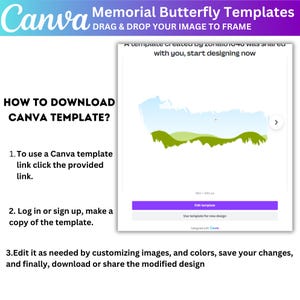Puede incluir: Una gu&iacute;a de dise&ntilde;o de plantillas de Canva con el texto "Memorial Butterfly Templates". La gu&iacute;a incluye instrucciones sobre c&oacute;mo descargar y editar la plantilla, con una vista previa del dise&ntilde;o y un bot&oacute;n de llamada a la acci&oacute;n.