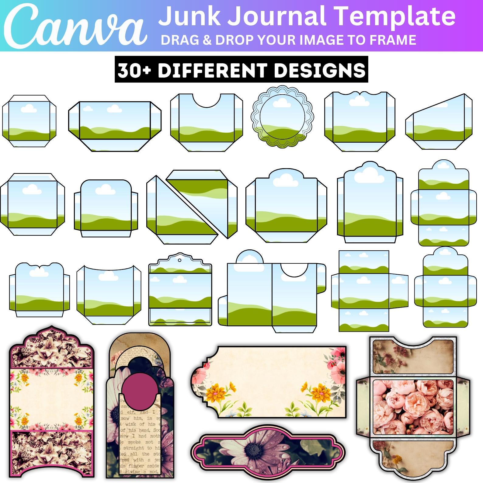 Junk Journal Canva Editable Template, Junk Journal Frames, Custom Junk Journal Tags, Digital Papered Junk Journal