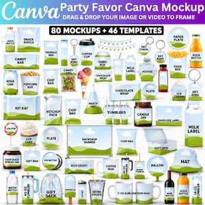 パーティーグッズのモックアップ80種類とラベルテンプレート48種類、Canvaバンドルパーティーグッズキット、チップス袋、ウォーターボトル、チョコレートバー、ジュースポーチDIYモックアップ