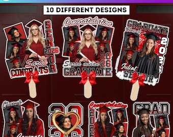 May include: A collection of graduation paddle fan templates with various designs. Each fan features a photo of a graduate, the name "Sarah", and the year 2026 or 2020. The fans are red and white with a wooden handle and a red bow.