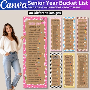 May include: A digital collection of eight different Senior Year Bucket List templates for the Class of 2027. Each vertical list features checkboxes and various icons, presented in diverse color schemes including pink, blue, and checkered patterns.
