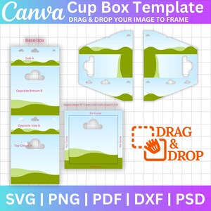 May include: A Canva cup box template design with the text "DRAG & DROP YOUR IMAGE TO FRAME". The design includes various box components with landscape graphics, cloud illustrations, and the words "Base box", "Side A", "Opposite Bottom B", "Opposite Side B", and "Top Center A".