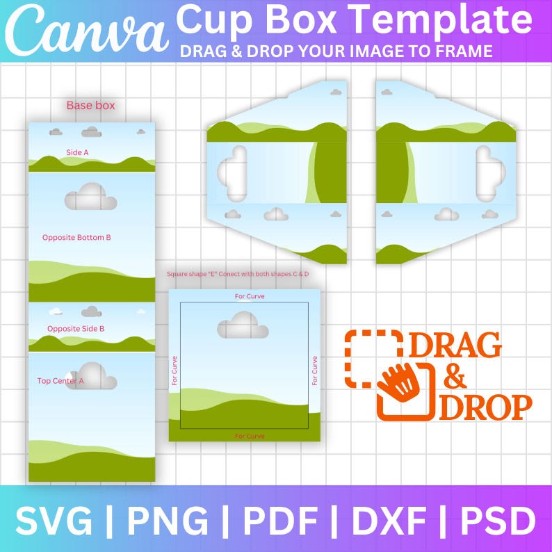 May include: A Canva cup box template design with the text "DRAG & DROP YOUR IMAGE TO FRAME". The design includes various box components with landscape graphics, cloud illustrations, and the words "Base box", "Side A", "Opposite Bottom B", "Opposite Side B", and "Top Center A".