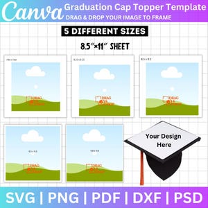 Plantilla editable de Canva para adorno de birrete de graduación, birrete de graduación SVG/PNG, plantilla de sublimación de birrete de graduación, birrete de graduación en blanco de 5 tamaños