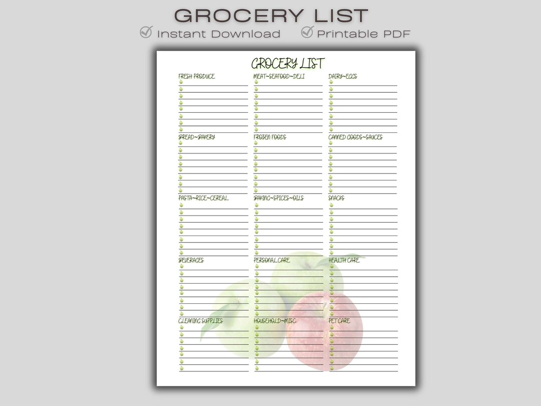 PRINTABLE Grocery Listapple Themeinstant Digital Etsy