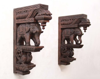 2 pcs Wooden Wall Elephant Bracket Pair Corbel Big Elephant Statue Home Decor Wall Decor Home Decor Wall Hangings Carved Wall shelves