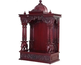 Handmade pooja mandir Carved 1 Drawer Wooden Alter for HomeTemple For Office Style Hindu temple Natural Teak Finish Premium Hand Carved Wall