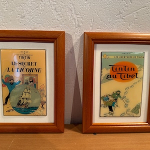 Set of 2 Tintin Frames - “The Secret of the Unicorn” & “Tintin in Tibet” - Reproductions - Vintage 80's Wooden Frames