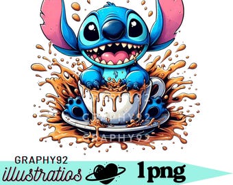 stitch splash design, stitch png clipart, stitch coffee, coffee love, coffee cup, instant download