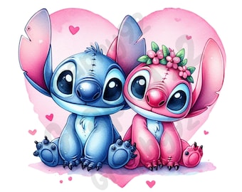 Stitch and angel hand drawn design, stitch and angel png clipart, lilo and stitch characters, stitch love, instant download