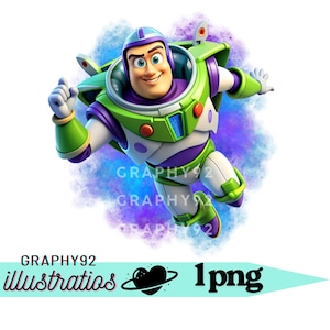 May include: A digital illustration of Buzz Lightyear in a dynamic pose, set against a colorful, abstract background. Buzz is wearing his signature green, white, and purple spacesuit, with a helmet and wings. The image has the text "GRAPHY92 illustratios 1png".