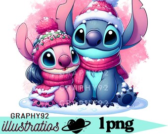 Stitch and angel watercolor background, Stitch and angel png clipart, stitch winter, lilo and stitch characters,instant download
