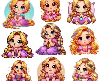 Op de afbeelding: Negen illustraties van cartoonmeisjes met lang blond haar, die paarse jurken en kronen dragen. De meisjes staan in verschillende poses, sommigen houden bloemen vast, sommigen zitten en sommigen staan.