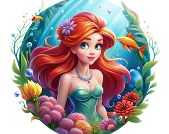 Princess ariel png clipart, the little mermaid png, ariel flower design, Princess birthday, instant download
