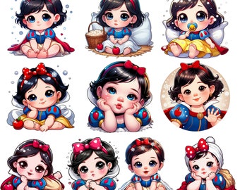 May include: A digital illustration of Snow White, a young girl with black hair and a red bow, wearing a yellow dress with a blue bodice and red accents. She is depicted in various poses, including sitting, standing, and holding a red apple.