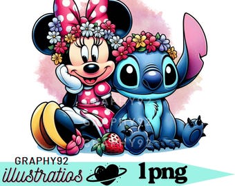 Imágenes prediseñadas de Minnie Mouse y Stitch, imágenes prediseñadas de Minnie Mouse, imágenes prediseñadas de Stitch, linda imagen de Stitch, mejores amigos, descarga instantánea