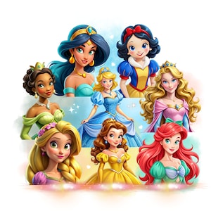 Princesses watercolor background, All Princess png clipart, rapunzel, ariel, aurora, tiana, snow white, cinderella, instant download
