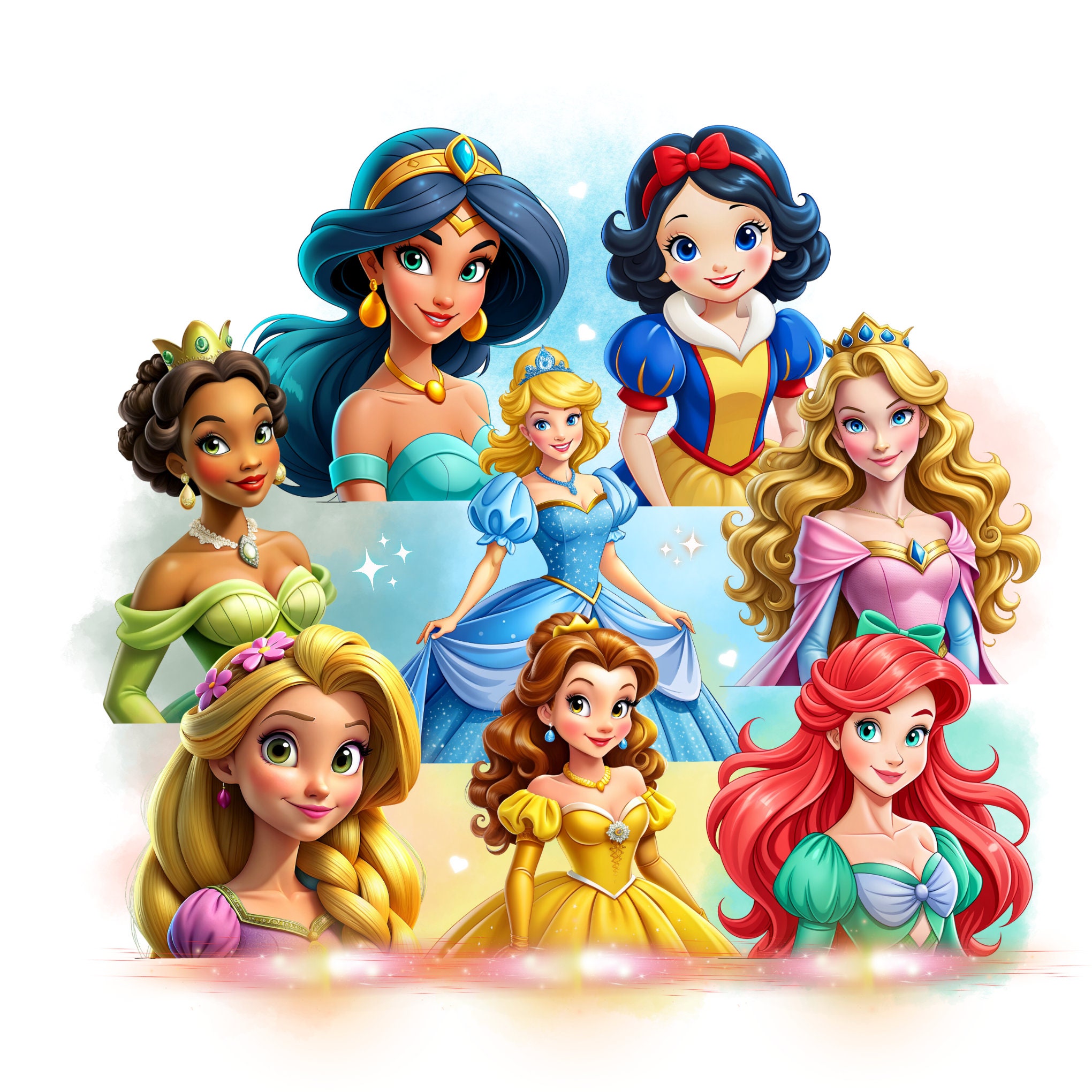 Princesses watercolor background, All Princess png clipart, rapunzel, ariel, aurora, tiana, snow white, cinderella, instant download