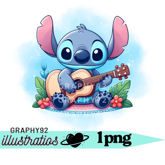 かわいいスティッチのPNGクリップアート、ギターを弾くスティッチ