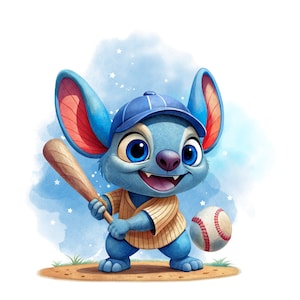 Cute stitch png clipart, stitch playing baseball, lilo and stitch png, instant download