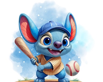 Cute stitch png clipart, stitch playing baseball, lilo and stitch png, instant download