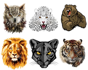 Wild animals png bundle, wild animals head clipart set, safari animals png, Lion head, puma, bear, Tiger,  silhouette, instant download
