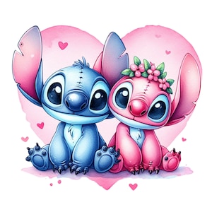 Stitch and angel hand drawn design, stitch and angel png clipart, lilo and stitch characters, stitch love, instant download