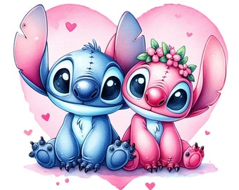 Stitch and angel hand drawn design, stitch and angel png clipart, lilo and stitch characters, stitch love, instant download