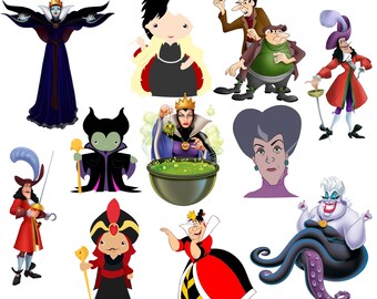 Paquete de imágenes PNG de villanos, imágenes PNG de princesas villanas, Cruella de Vil, Maléfica, Reina Malvada, Jafar, Úrsula, Capitán Garfio, descarga instantánea