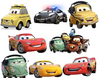 Puede incluir: Una colección de nueve coches de dibujos animados, incluyendo un coche de carreras rojo, un coche de policía amarillo, una furgoneta verde y una grúa naranja oxidada. Los coches tienen diferentes expresiones en sus caras y todos miran al espectador.