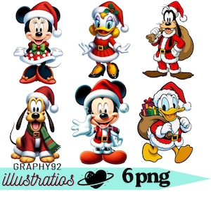Puede incluir: Ilustración digital de seis personajes de Disney vestidos con trajes de Papá Noel. Minnie Mouse, Daisy y Goofy están en la fila superior. Pluto, Mickey Mouse y Donald Duck están en la fila inferior. Incluye el texto "GRAPH92 illustrations 6png".