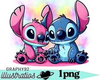 スティッチとエンジェルの水彩画の背景、スティッチのpngクリップアート、エンジェルのpng、ピンクのスティッチ、リロとスティッチのキャラクター、即時ダウンロード