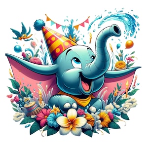 May include: A cartoon illustration of Dumbo the elephant wearing a party hat and celebrating with a water fountain and flowers.