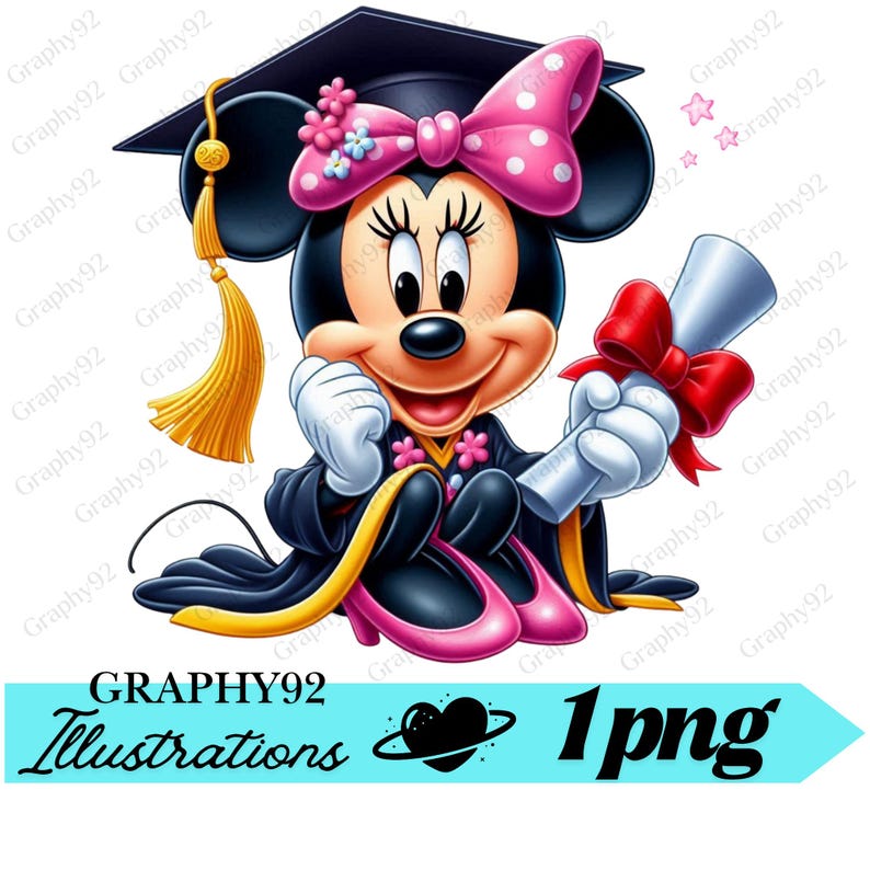 May include: A cartoon illustration of Minnie Mouse in a graduation cap and gown, holding a diploma tied with a red ribbon. She wears a pink polka-dot bow and pink shoes. The image includes the text "GRAPHY92 Illustrations 1png".