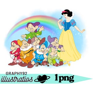 Fondo de acuarela de Blancanieves y los siete enanitos, clipart PNG de Blancanieves y los siete enanitos, descarga instantánea