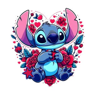 Stitch valentine&#39;s day, Stitch png clipart, cute stitch image, stitch love, stitch flower, lilo and stitch character,  instant download