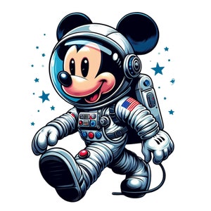 May include: Mickey Mouse dressed as an astronaut, wearing a white spacesuit with an American flag patch, a blue helmet with a clear visor, and black boots. He is walking on a white background with blue stars.