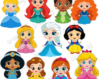 Lot mignon princesse png, paquet de toutes les princesses, clipart princesse, style Kawaii, elsa, raiponce, ariel, jasmin, belle, téléchargement immédiat