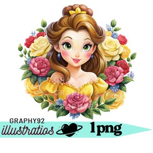Disegno floreale della principessa Belle, Belle disegnata a mano, Clipart della principessa Belle, La bella e la bestia png, download immediato